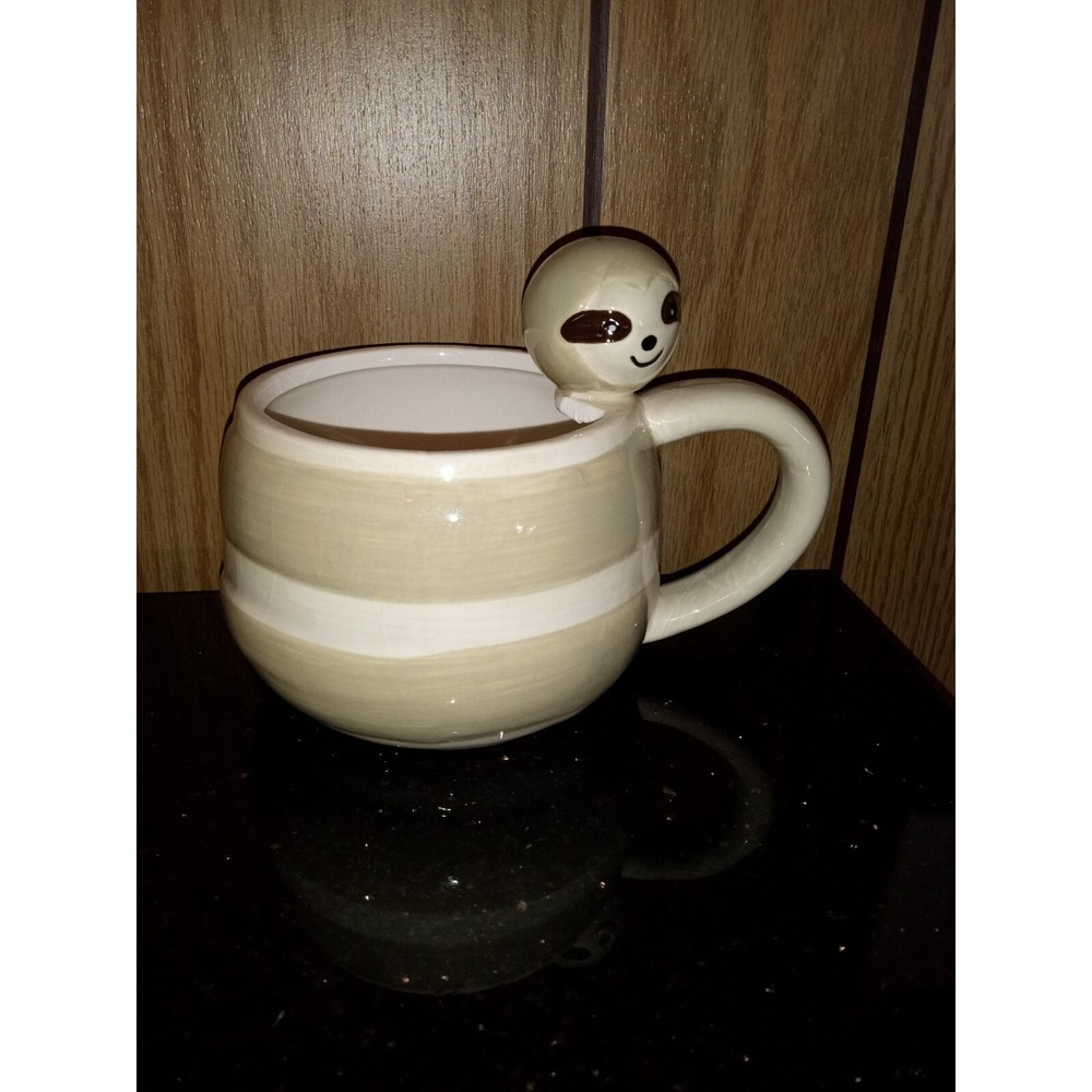 World Wildlife Fund Sloth Mug 3D Peeking Sloth‎ Ceramic Coffee Cup Beige Striped